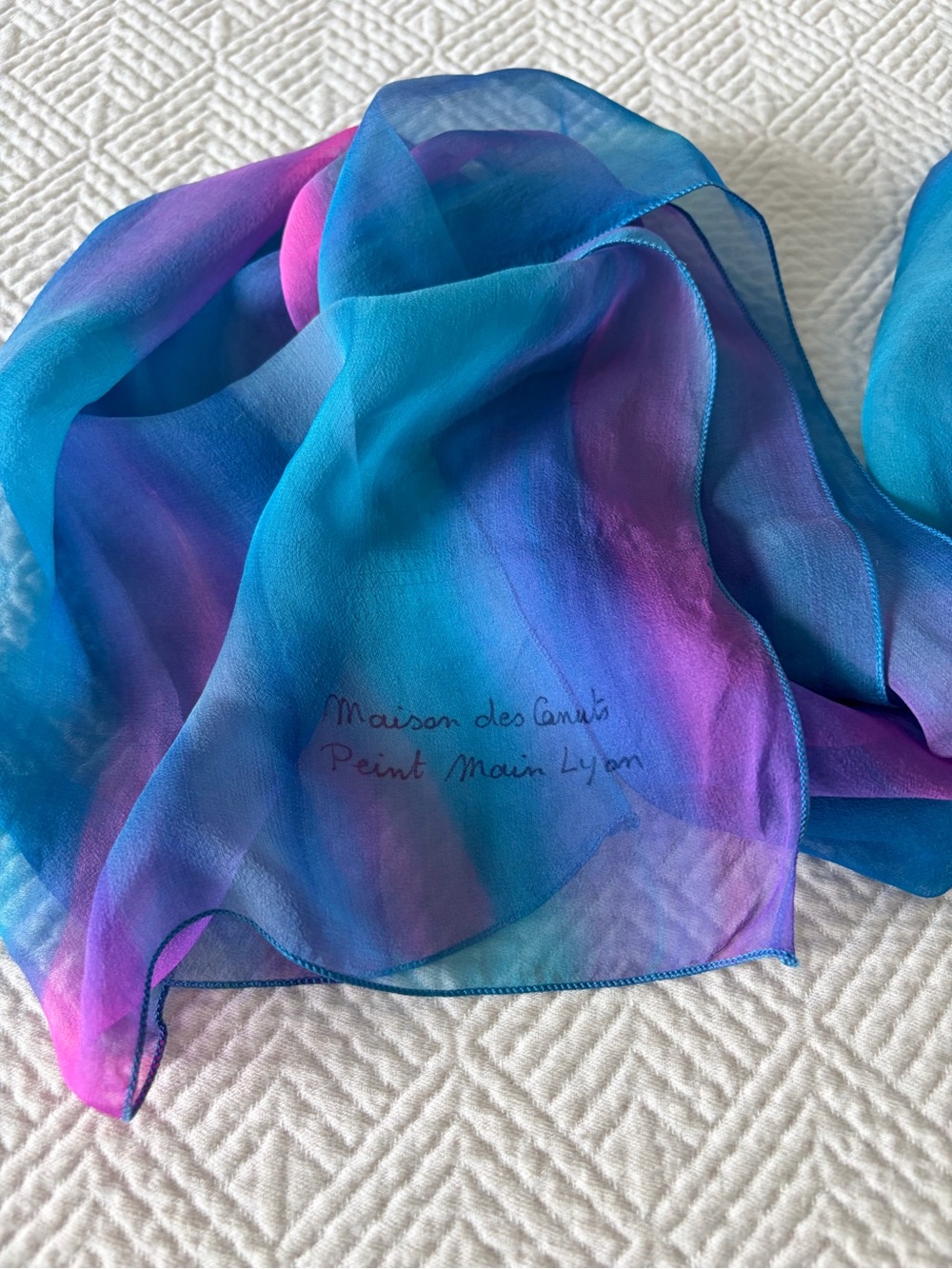 Maison des Canuts Lyon French Hand-Painted 100% Silk Scarf | Sheer Blue Pink